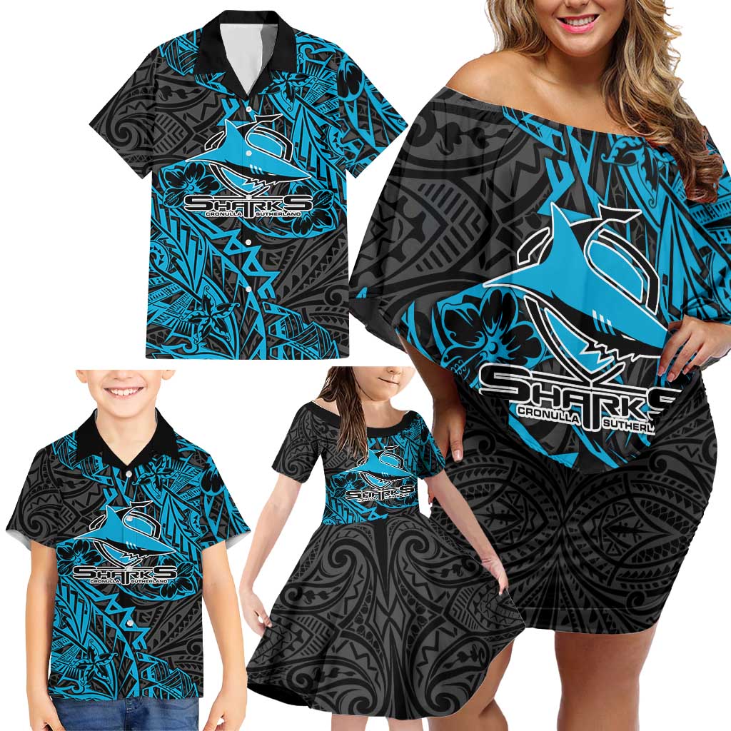 Personalised Cronulla-Sutherland Sharks Family Matching Off Shoulder Short Dress and Hawaiian Shirt Polynesian Tribal Pattern With Rugby Shark Mascot Art