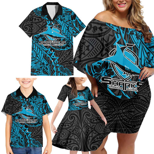Personalised Cronulla-Sutherland Sharks Family Matching Off Shoulder Short Dress and Hawaiian Shirt Polynesian Tribal Pattern With Rugby Shark Mascot Art