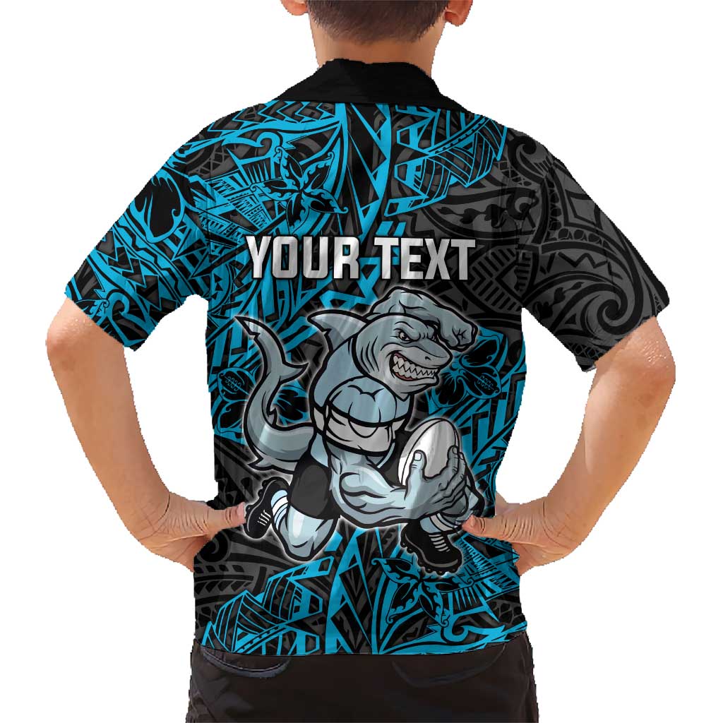 Personalised Cronulla-Sutherland Sharks Family Matching Off Shoulder Short Dress and Hawaiian Shirt Polynesian Tribal Pattern With Rugby Shark Mascot Art