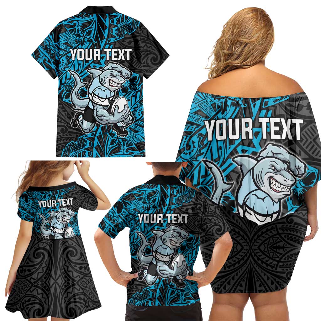 Personalised Cronulla-Sutherland Sharks Family Matching Off Shoulder Short Dress and Hawaiian Shirt Polynesian Tribal Pattern With Rugby Shark Mascot Art
