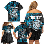 Personalised Cronulla-Sutherland Sharks Family Matching Off Shoulder Short Dress and Hawaiian Shirt Polynesian Tribal Pattern With Rugby Shark Mascot Art