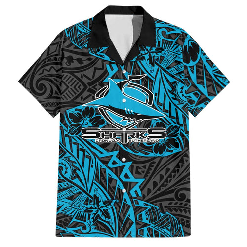 Personalised Cronulla-Sutherland Sharks Family Matching Off Shoulder Short Dress and Hawaiian Shirt Polynesian Tribal Pattern With Rugby Shark Mascot Art