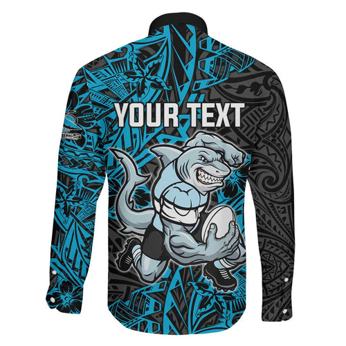 Personalised Cronulla-Sutherland Sharks Family Matching Off Shoulder Short Dress and Hawaiian Shirt Polynesian Tribal Pattern With Rugby Shark Mascot Art