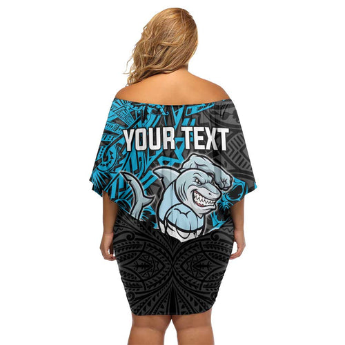 Personalised Cronulla-Sutherland Sharks Family Matching Off Shoulder Short Dress and Hawaiian Shirt Polynesian Tribal Pattern With Rugby Shark Mascot Art