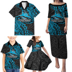 Personalised Cronulla-Sutherland Sharks Family Matching Puletasi and Hawaiian Shirt Polynesian Tribal Pattern With Rugby Shark Mascot Art