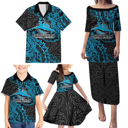 Personalised Cronulla-Sutherland Sharks Family Matching Puletasi and Hawaiian Shirt Polynesian Tribal Pattern With Rugby Shark Mascot Art