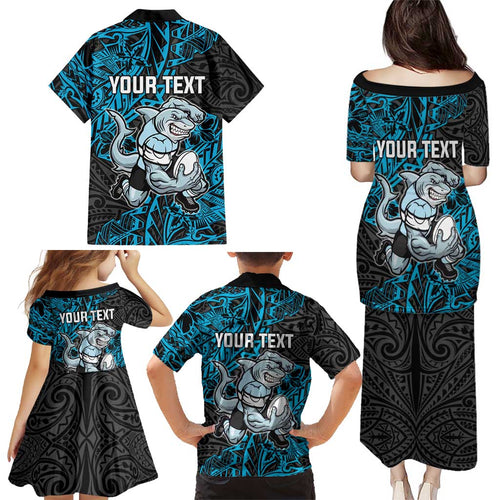 Personalised Cronulla-Sutherland Sharks Family Matching Puletasi and Hawaiian Shirt Polynesian Tribal Pattern With Rugby Shark Mascot Art