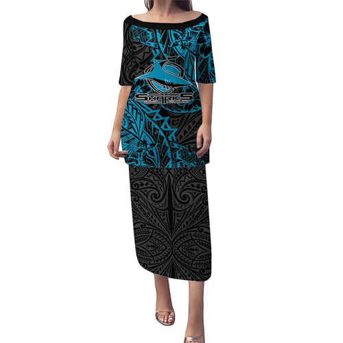 Personalised Cronulla-Sutherland Sharks Family Matching Puletasi and Hawaiian Shirt Polynesian Tribal Pattern With Rugby Shark Mascot Art