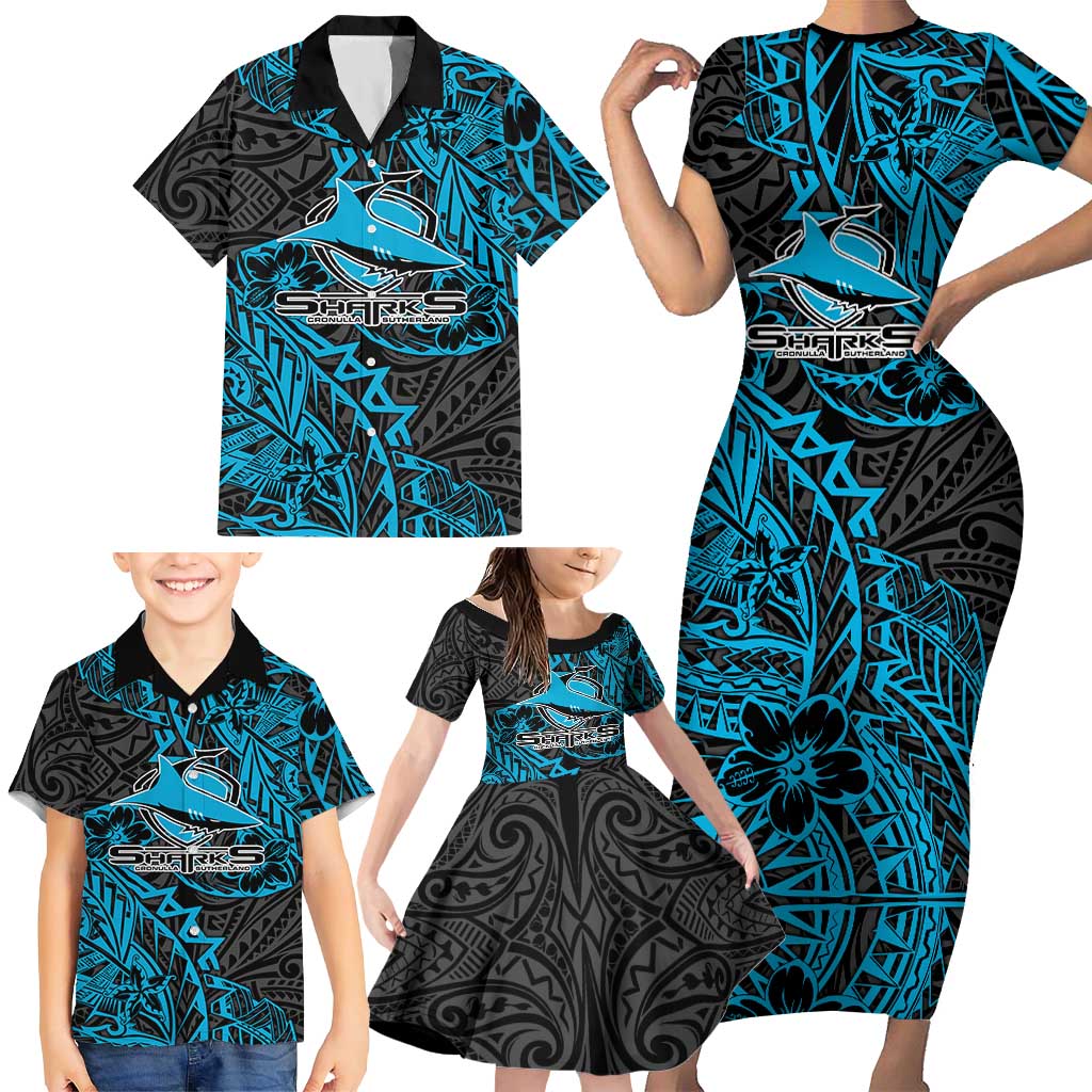 Personalised Cronulla-Sutherland Sharks Family Matching Short Sleeve Bodycon Dress and Hawaiian Shirt Polynesian Tribal Pattern With Rugby Shark Mascot Art