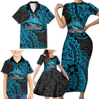 Personalised Cronulla-Sutherland Sharks Family Matching Short Sleeve Bodycon Dress and Hawaiian Shirt Polynesian Tribal Pattern With Rugby Shark Mascot Art