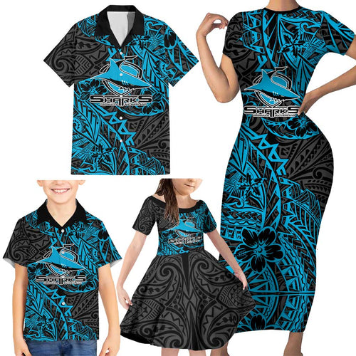 Personalised Cronulla-Sutherland Sharks Family Matching Short Sleeve Bodycon Dress and Hawaiian Shirt Polynesian Tribal Pattern With Rugby Shark Mascot Art