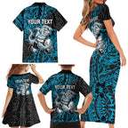 Personalised Cronulla-Sutherland Sharks Family Matching Short Sleeve Bodycon Dress and Hawaiian Shirt Polynesian Tribal Pattern With Rugby Shark Mascot Art