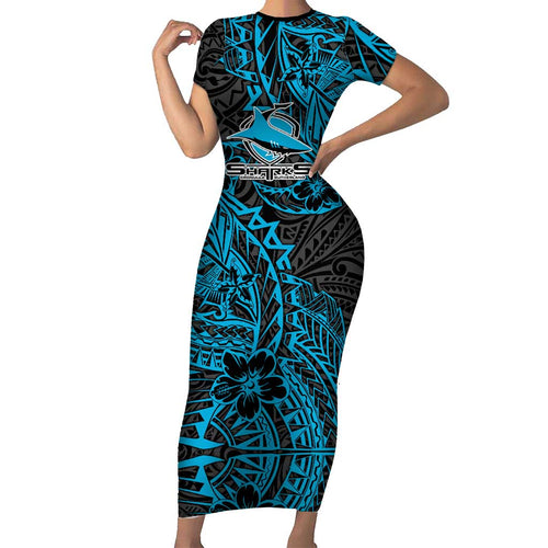 Personalised Cronulla-Sutherland Sharks Family Matching Short Sleeve Bodycon Dress and Hawaiian Shirt Polynesian Tribal Pattern With Rugby Shark Mascot Art
