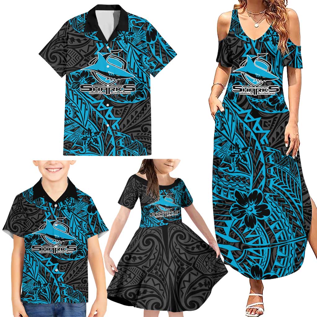 Personalised Cronulla-Sutherland Sharks Family Matching Summer Maxi Dress and Hawaiian Shirt Polynesian Tribal Pattern With Rugby Shark Mascot Art