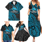 Personalised Cronulla-Sutherland Sharks Family Matching Summer Maxi Dress and Hawaiian Shirt Polynesian Tribal Pattern With Rugby Shark Mascot Art