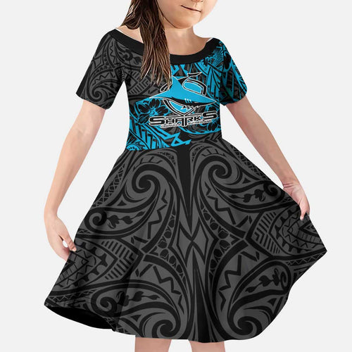 Personalised Cronulla-Sutherland Sharks Family Matching Summer Maxi Dress and Hawaiian Shirt Polynesian Tribal Pattern With Rugby Shark Mascot Art