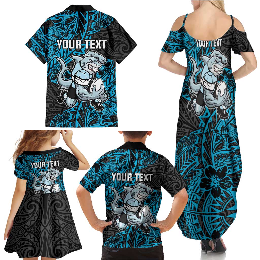 Personalised Cronulla-Sutherland Sharks Family Matching Summer Maxi Dress and Hawaiian Shirt Polynesian Tribal Pattern With Rugby Shark Mascot Art