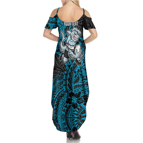 Personalised Cronulla-Sutherland Sharks Family Matching Summer Maxi Dress and Hawaiian Shirt Polynesian Tribal Pattern With Rugby Shark Mascot Art