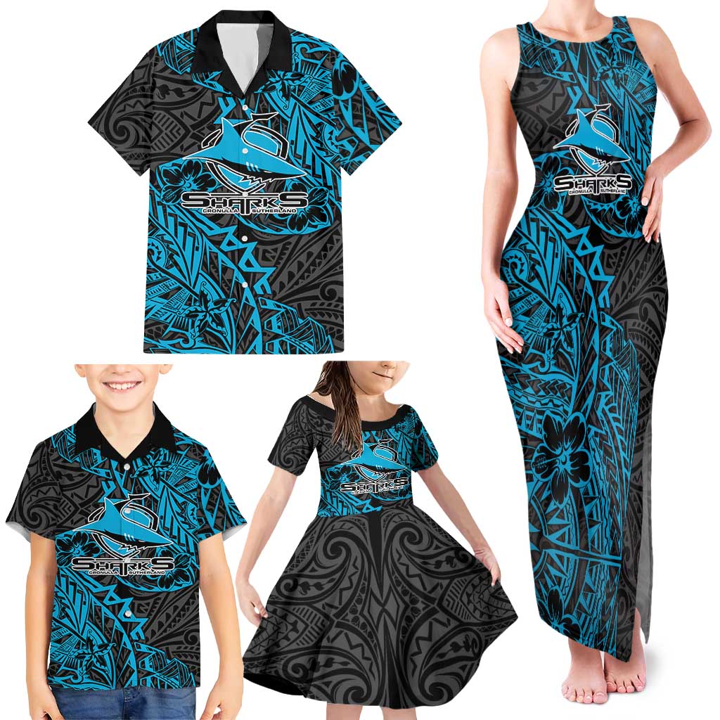 Personalised Cronulla-Sutherland Sharks Family Matching Tank Maxi Dress and Hawaiian Shirt Polynesian Tribal Pattern With Rugby Shark Mascot Art