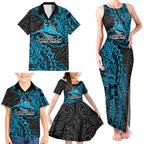 Personalised Cronulla-Sutherland Sharks Family Matching Tank Maxi Dress and Hawaiian Shirt Polynesian Tribal Pattern With Rugby Shark Mascot Art