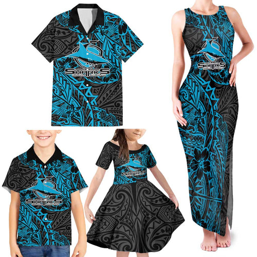 Personalised Cronulla-Sutherland Sharks Family Matching Tank Maxi Dress and Hawaiian Shirt Polynesian Tribal Pattern With Rugby Shark Mascot Art