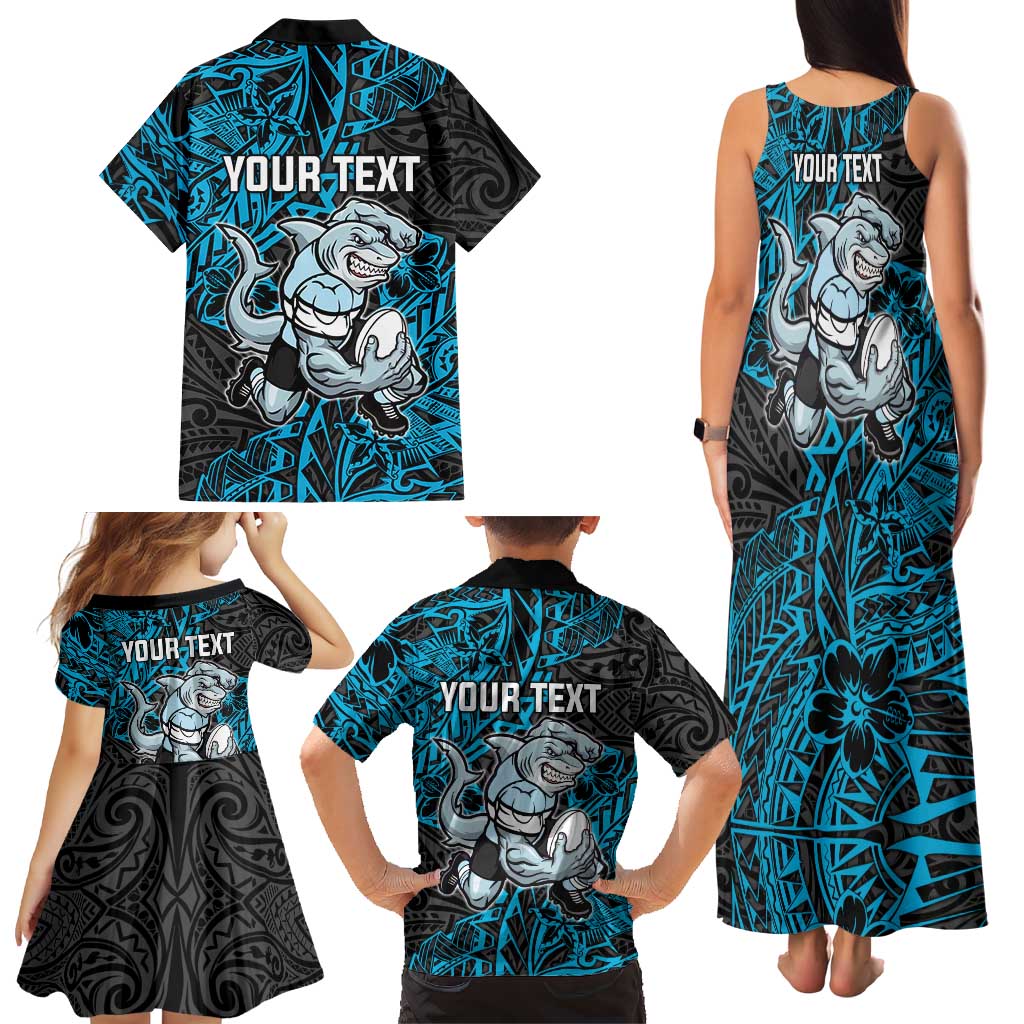 Personalised Cronulla-Sutherland Sharks Family Matching Tank Maxi Dress and Hawaiian Shirt Polynesian Tribal Pattern With Rugby Shark Mascot Art
