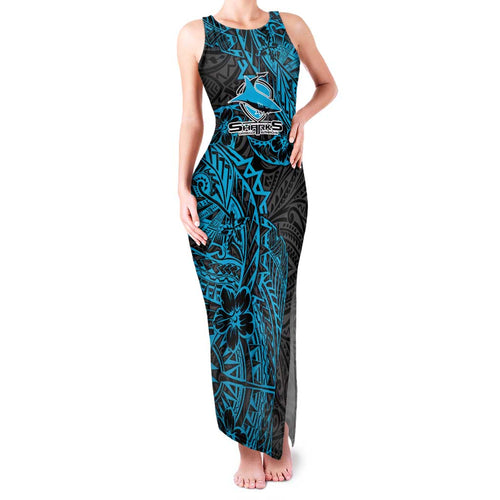 Personalised Cronulla-Sutherland Sharks Family Matching Tank Maxi Dress and Hawaiian Shirt Polynesian Tribal Pattern With Rugby Shark Mascot Art