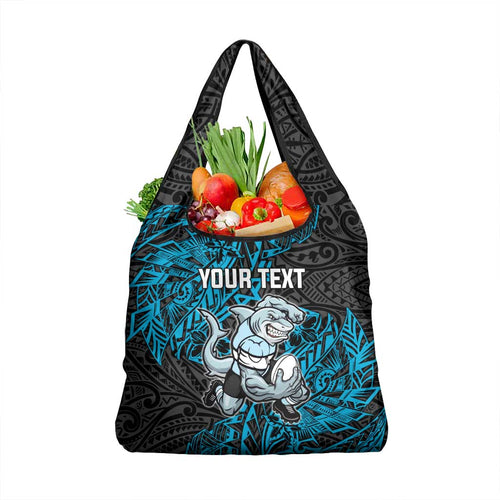 Personalised Cronulla-Sutherland Sharks Grocery Bag Polynesian Tribal Pattern With Rugby Shark Mascot Art