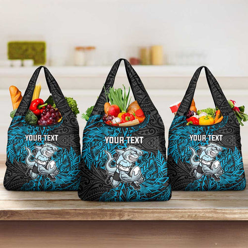 Personalised Cronulla-Sutherland Sharks Grocery Bag Polynesian Tribal Pattern With Rugby Shark Mascot Art
