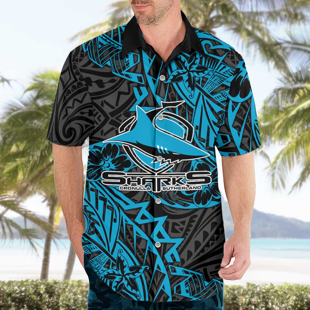 Personalised Cronulla-Sutherland Sharks Hawaiian Shirt Polynesian Tribal Pattern With Rugby Shark Mascot Art