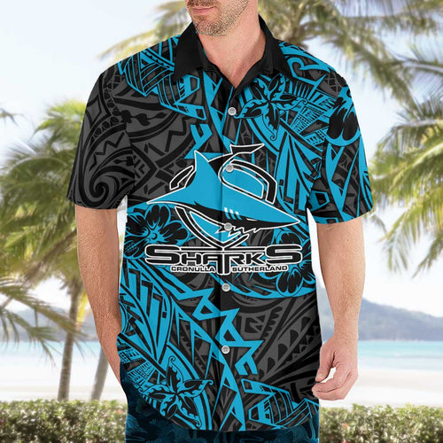 Personalised Cronulla-Sutherland Sharks Hawaiian Shirt Polynesian Tribal Pattern With Rugby Shark Mascot Art