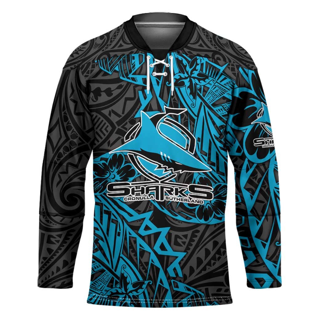 Personalised Cronulla-Sutherland Sharks Hockey Jersey Polynesian Tribal Pattern With Rugby Shark Mascot Art