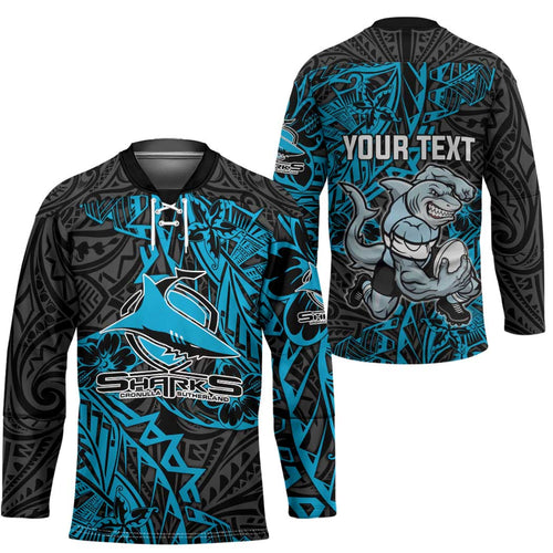 Personalised Cronulla-Sutherland Sharks Hockey Jersey Polynesian Tribal Pattern With Rugby Shark Mascot Art