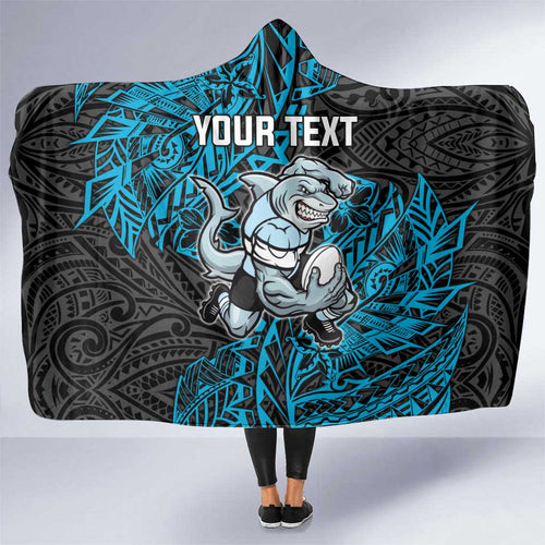 Personalised Cronulla-Sutherland Sharks Hooded Blanket Polynesian Tribal Pattern With Rugby Shark Mascot Art