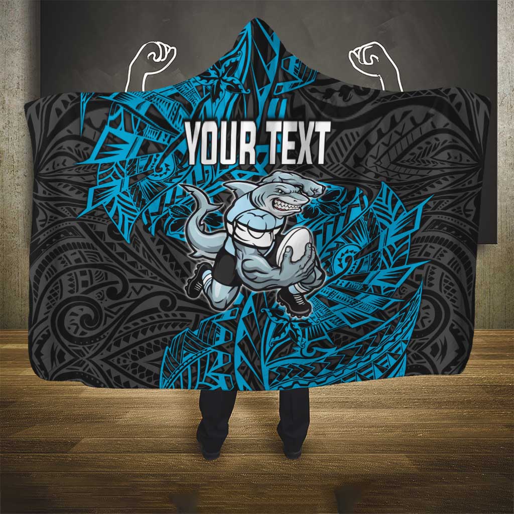 Personalised Cronulla-Sutherland Sharks Hooded Blanket Polynesian Tribal Pattern With Rugby Shark Mascot Art