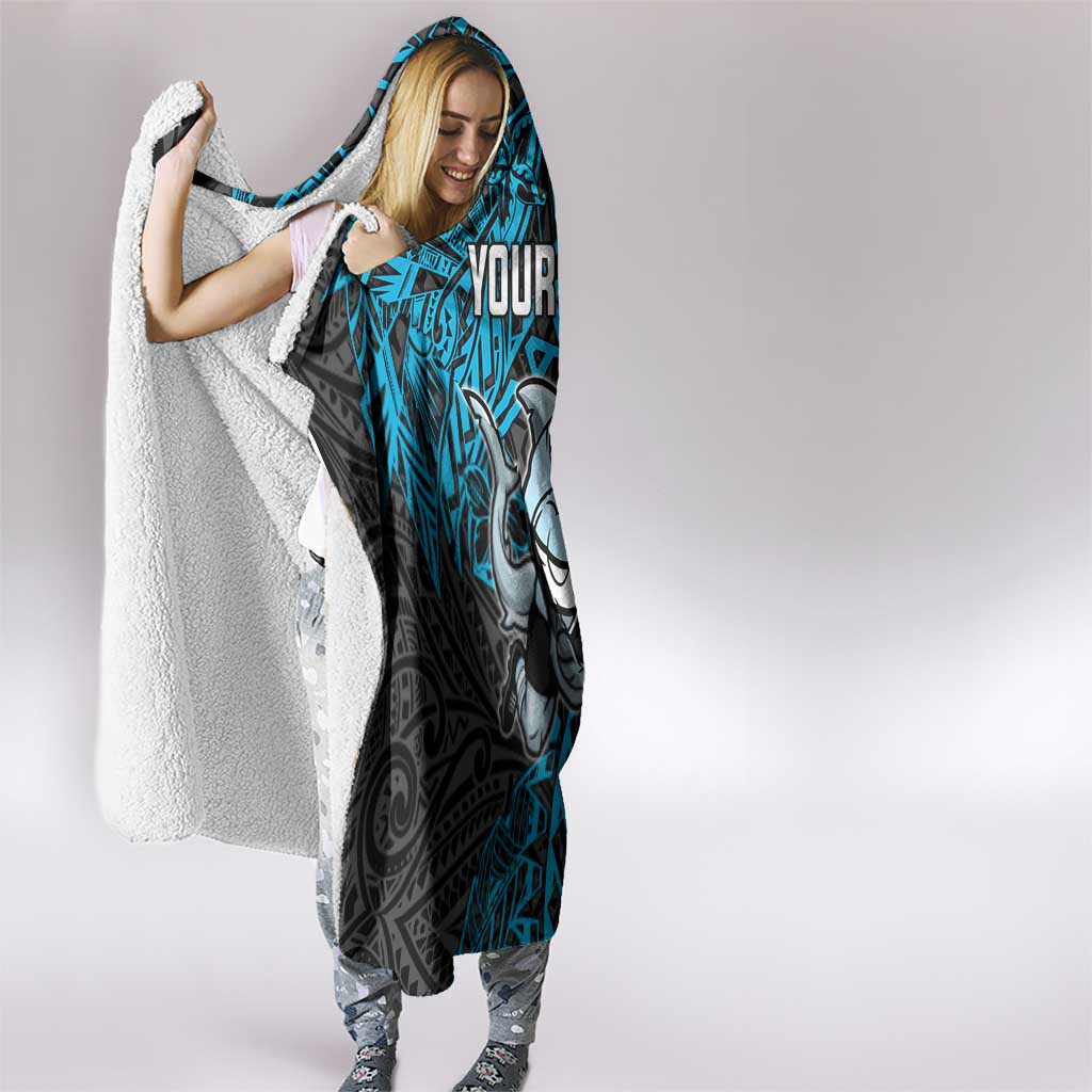 Personalised Cronulla-Sutherland Sharks Hooded Blanket Polynesian Tribal Pattern With Rugby Shark Mascot Art