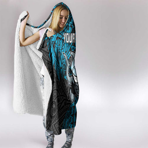Personalised Cronulla-Sutherland Sharks Hooded Blanket Polynesian Tribal Pattern With Rugby Shark Mascot Art