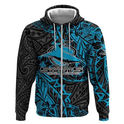Personalised Cronulla-Sutherland Sharks Hoodie Polynesian Tribal Pattern With Rugby Shark Mascot Art