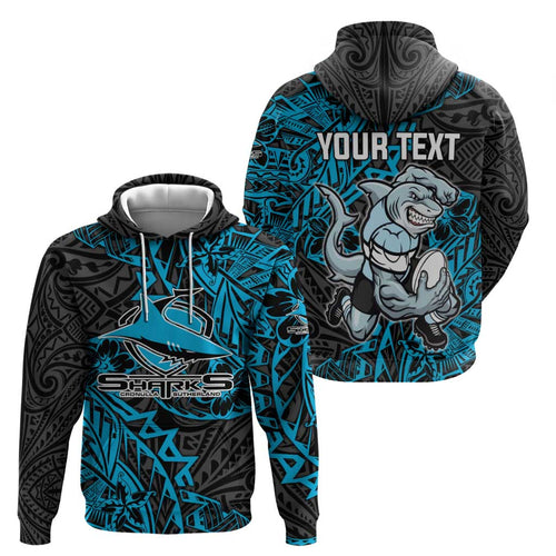 Personalised Cronulla-Sutherland Sharks Hoodie Polynesian Tribal Pattern With Rugby Shark Mascot Art