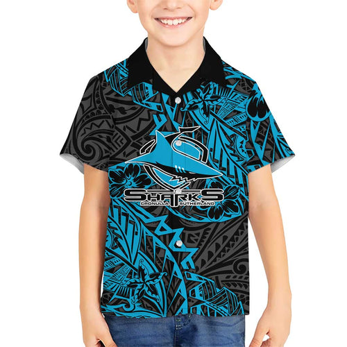 Personalised Cronulla-Sutherland Sharks Kid Hawaiian Shirt Polynesian Tribal Pattern With Rugby Shark Mascot Art