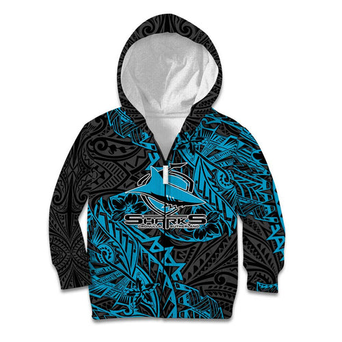 Personalised Cronulla-Sutherland Sharks Kid Hoodie Polynesian Tribal Pattern With Rugby Shark Mascot Art