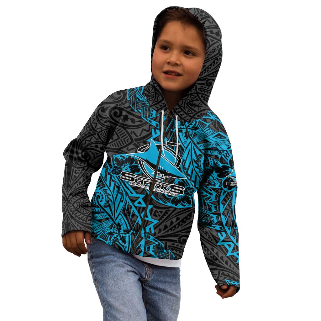 Personalised Cronulla-Sutherland Sharks Kid Hoodie Polynesian Tribal Pattern With Rugby Shark Mascot Art