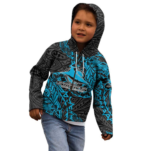 Personalised Cronulla-Sutherland Sharks Kid Hoodie Polynesian Tribal Pattern With Rugby Shark Mascot Art