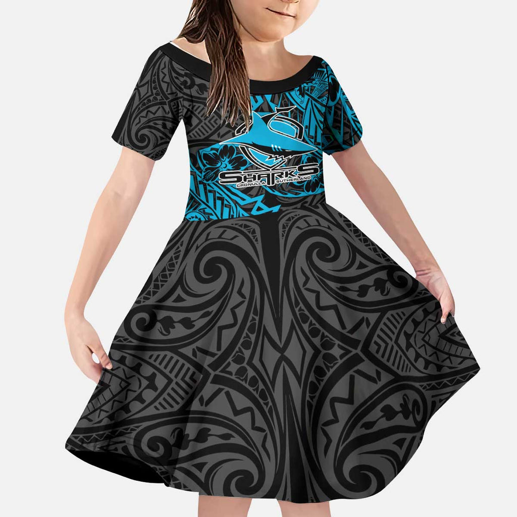 Personalised Cronulla-Sutherland Sharks Kid Short Sleeve Dress Polynesian Tribal Pattern With Rugby Shark Mascot Art
