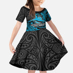 Personalised Cronulla-Sutherland Sharks Kid Short Sleeve Dress Polynesian Tribal Pattern With Rugby Shark Mascot Art