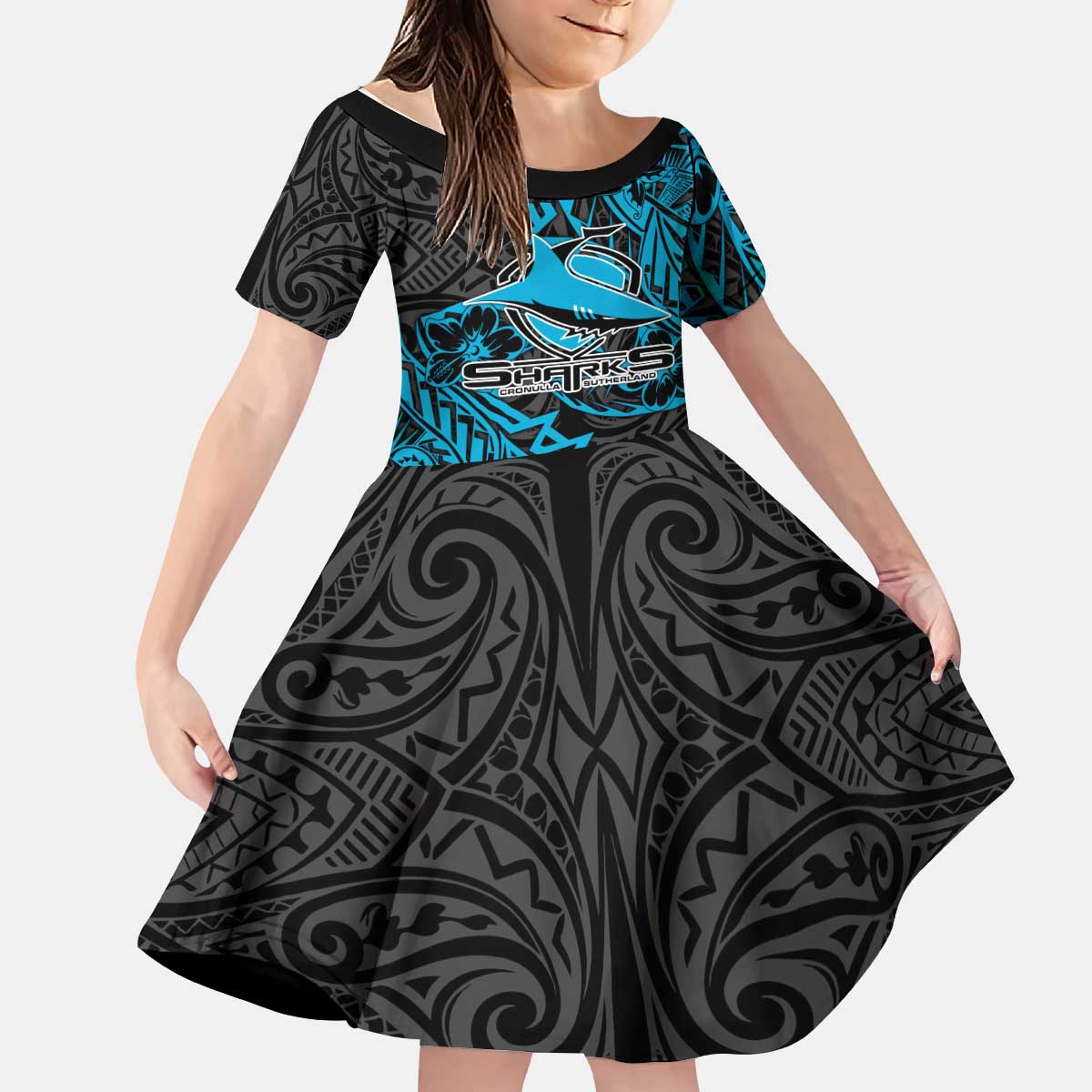 Personalised Cronulla-Sutherland Sharks Kid Short Sleeve Dress Polynesian Tribal Pattern With Rugby Shark Mascot Art