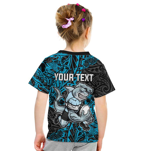 Personalised Cronulla-Sutherland Sharks Kid T Shirt Polynesian Tribal Pattern With Rugby Shark Mascot Art