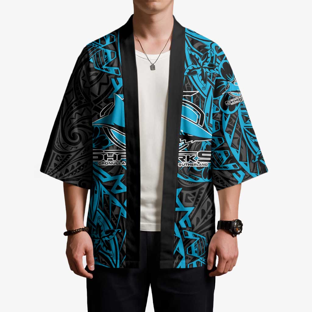 Personalised Cronulla-Sutherland Sharks Kimono Polynesian Tribal Pattern With Rugby Shark Mascot Art