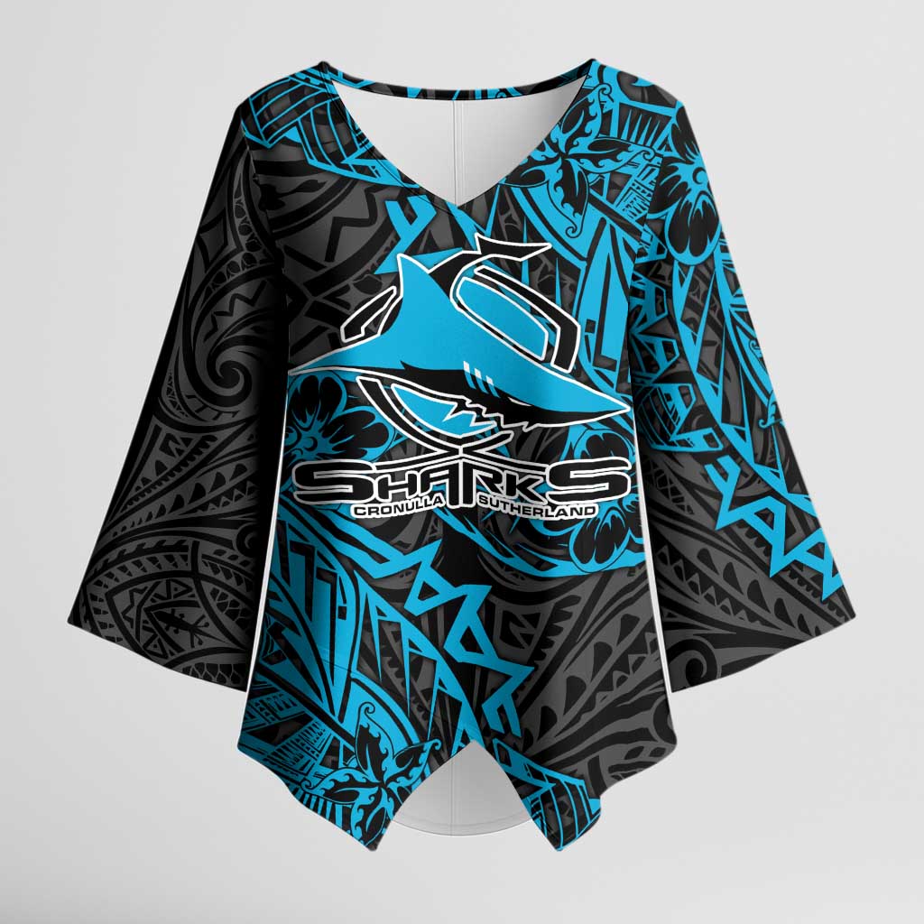 Personalised Cronulla-Sutherland Sharks Kimono Sleeve Blouse Polynesian Tribal Pattern With Rugby Shark Mascot Art