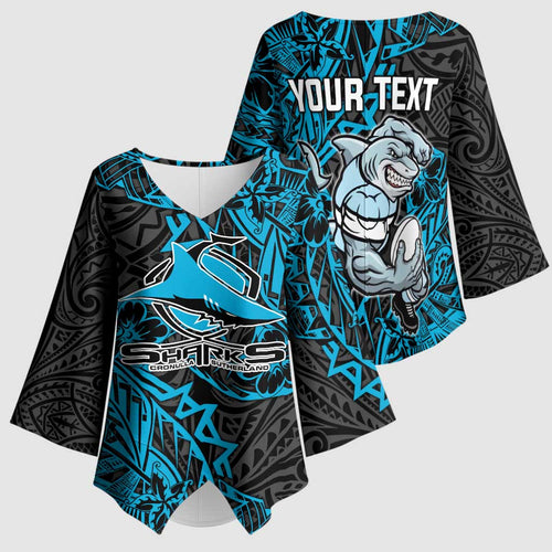 Personalised Cronulla-Sutherland Sharks Kimono Sleeve Blouse Polynesian Tribal Pattern With Rugby Shark Mascot Art